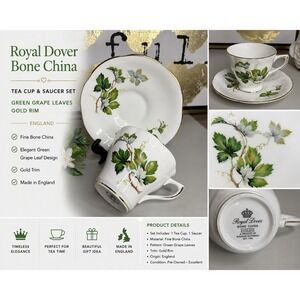 Royal Dover Bone‎ China Tea Cup Saucer Set Green Grape Leaves Gold Rim England